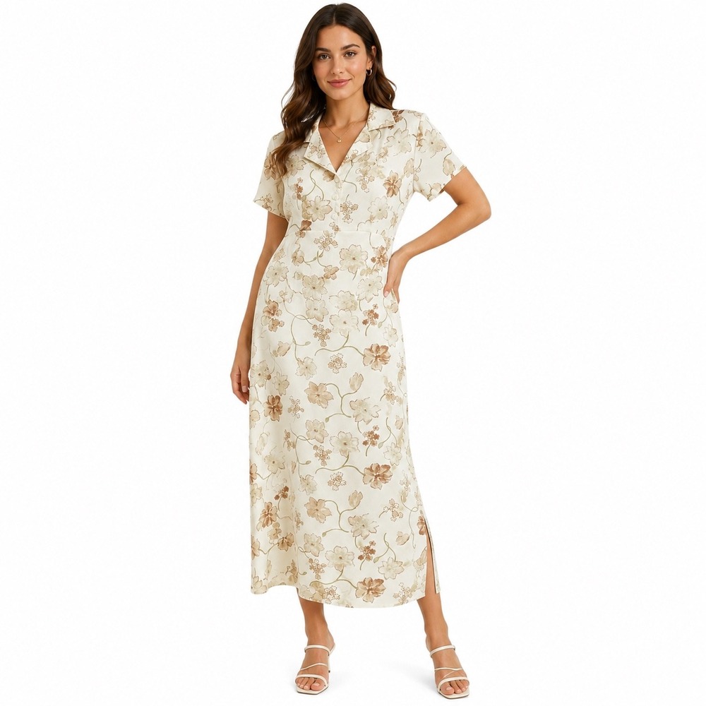 Goddess Vintage Floral Maxi Dress Womens Medium Cream Brown USA Cottagecore